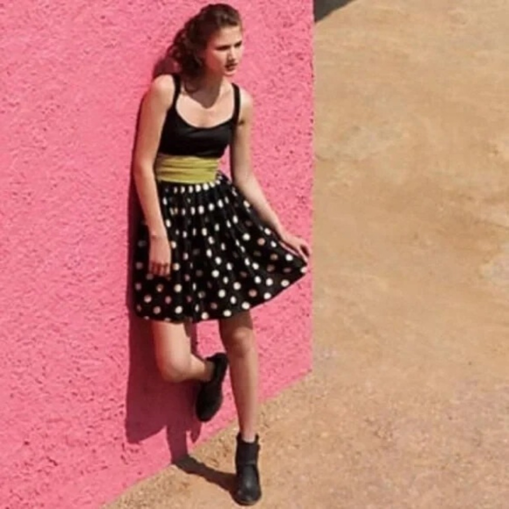 Anthropologie Corey Lynn Calter Dress 2 Black Polka Dot Sleeveless Green Sash